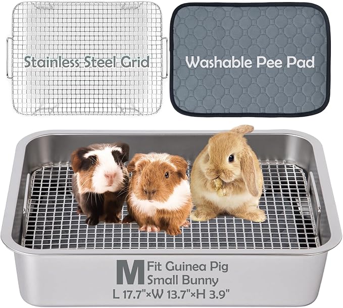 MEEXPAWS Guinea Pig Stainless Steel Litter Box with Raised Grid and Washable Pad,Small Bunny Rabbit Litter Pan High Side, Ferret Rat Litter Box, Small Animal Toilet Potty Tray Easy Clean,Less Stink