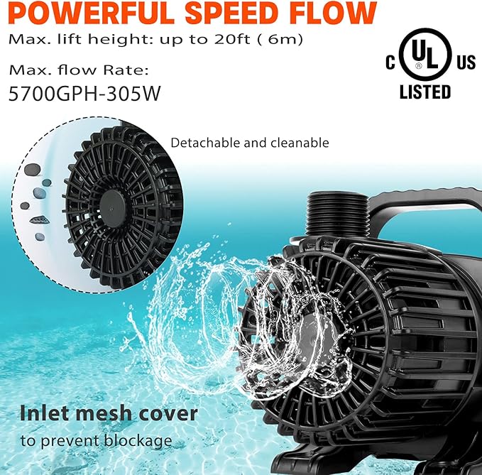 WaterRebirth (5700GPH-305W, UL listed) High Flow Large Fountain Submersible Water Pond Sump Pump Aquarium Electric Waterfall Pump Outdoor PS-5700