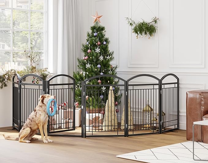 Folding No-Assembly Metal Freestanding Dog Gate with Door Walk Through,32" Height Pet Fence,144" Extra Wide Accordion Puppy Folding Playpen for Doorways,House,Stairs (6 Panels,Black)