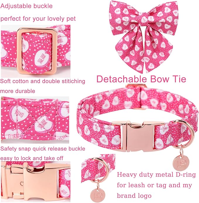 Valentine’s Dog Collar with Bow Tie, Pink Heart Bowtie Collar with Metal Buckle, Valentine’s Gift Pet Collar for Puppy Girl Boy Dog or Cat, Wedding Dog Collar, L