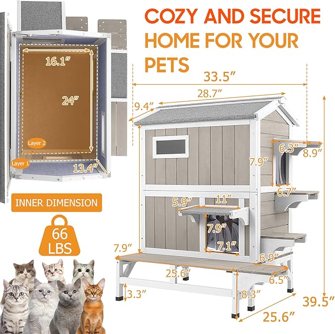 PetsCosset Insulated Cat House Outdoor Weatherproof with Balcony All-Round Insulation Outside Wooden Feral Cat Shelter for Winter with 3 Jumping Platforms and Openable Roof for Cats and Small Animals