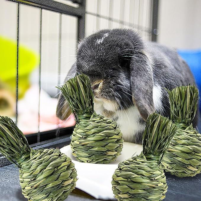 Hamiledyi Rabbit Chew Ball Bunny Timothy Grass Ball Natural Woven Chewing Toys Small Animal Activity Play Balls Chew Toys for Bunny Rabbits Hamster Guinea Pigs Chinchilla Gerbils 4PCS