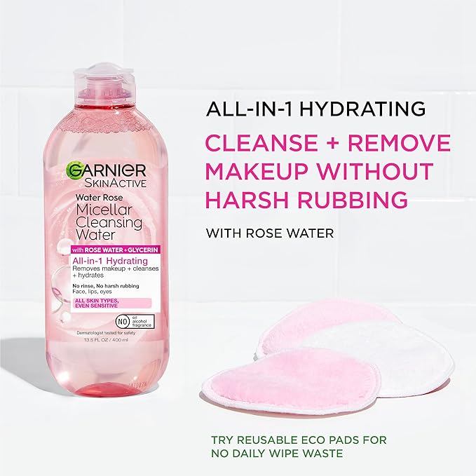 Garnier Micellar Water with Rose Water and Glycerin, Hydrating Facial Cleanser & Makeup Remover, For All Skin Types, Vegan, Cruelty Free, 13.5 Fl Oz (400mL), 1 Count