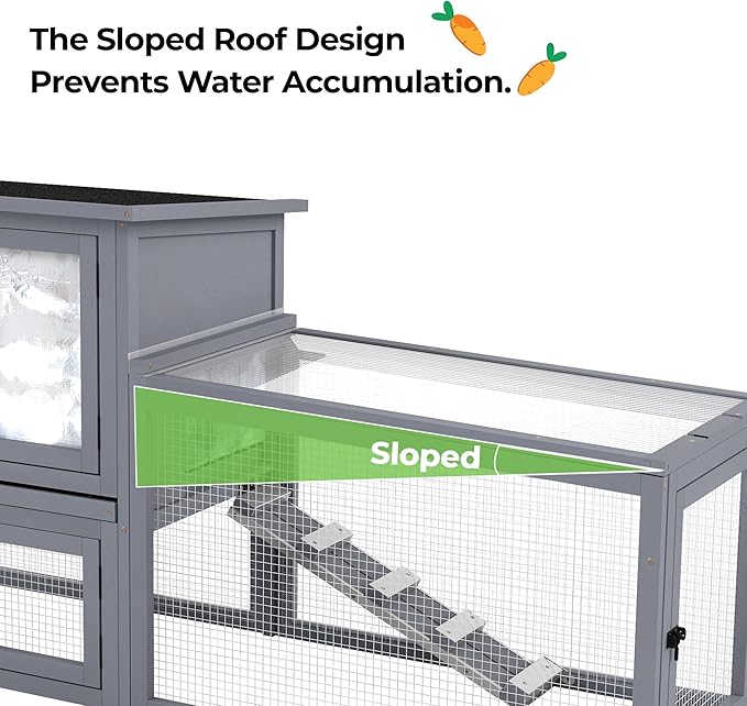 COZIWOW Large Wooden Rabbit Hutch Outdoor Indoor Bunny Cage, 2-Level Small Animal House Enclosure with All-Covered Sloped Roof (Grey)