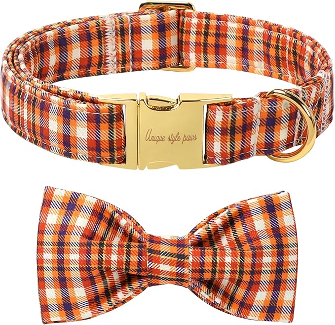 Unique style paws Cotton Dog Collar with Bow Autumn Puppy Collar with Colorful Orange Grid for Small Medium Large Boys Girls Dogs