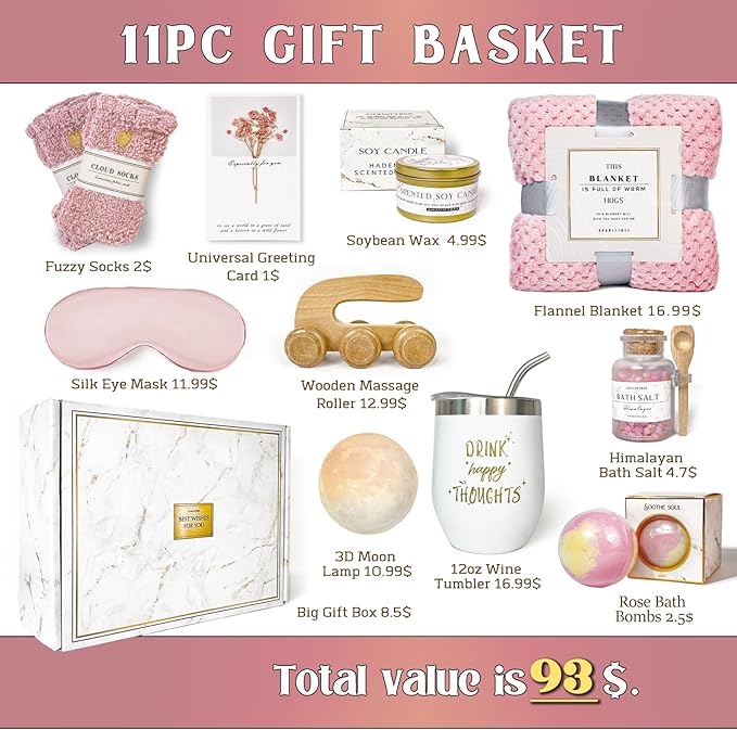 Birthday Gifts,self Care,11PC Care Package with Moon Lamp,Get Well Soon Gift Baskets for Women After Surgery,Condolences Gift Basket for Loss,Sympathy Baskets for Friend,mom (Pink)