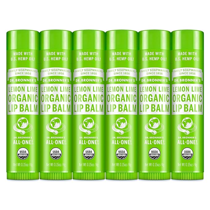 Dr. Bronner’s Organic Lip Balm 6-Pack (.15oz) Natural, Moisturizinging, Petroleum-Free Lip Balm with Beeswax & Avocado Oil for Dry Lips, Men & Women - Lemon Lime