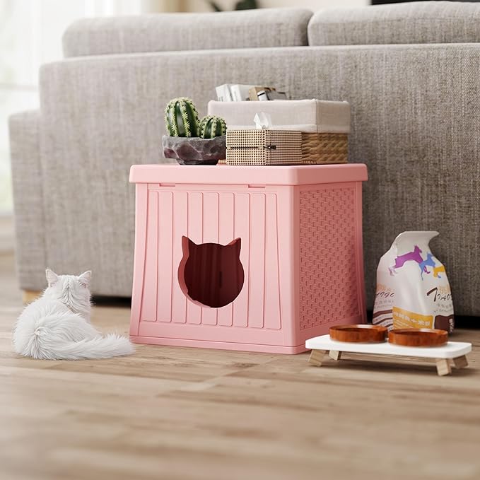 EHHLY Heavy Duty Cat House Waterproof, Hidden Cat Litter Box Enclosure with Flip Lid for Easy Cleaning, Extra Thick Insulated Cat House Outdoor, Winter Feral Cat Shelter Weatherproof, Blush