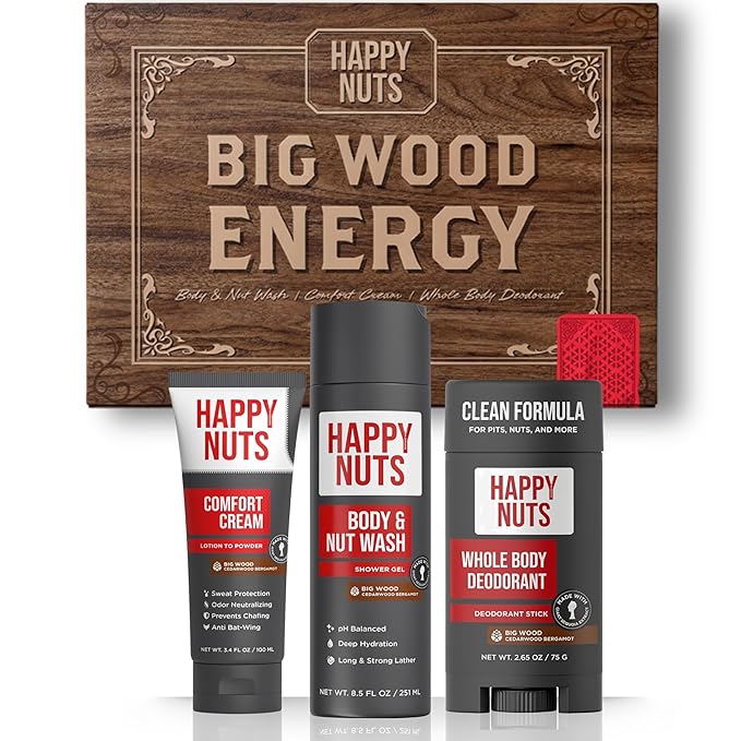 HAPPY NUTS Mens Gift Hygiene Kit - Big Wood Energy Box Men's Gift - Whole Body Deodorant, Moisturizing Body Wash, Anti-Chafing Comfort Cream - Body & Shower Gift Set Self Care For His Total Package