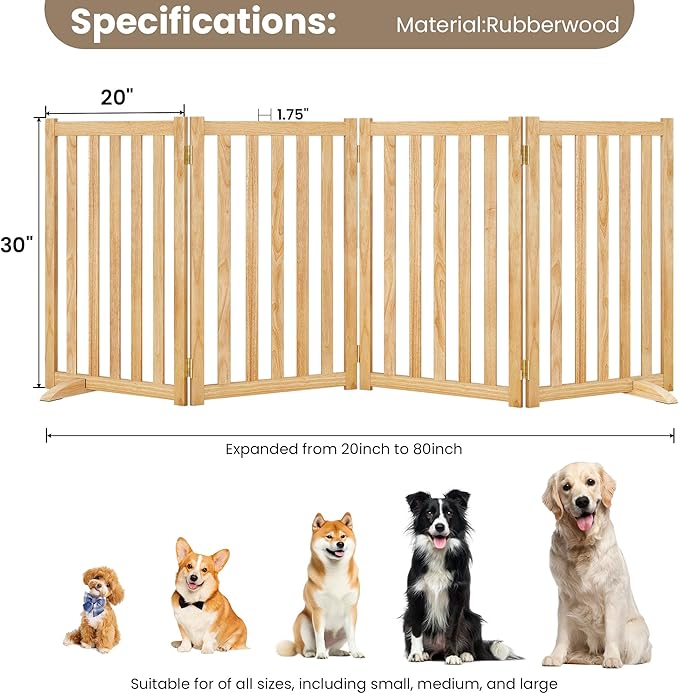 Wire Dog Gate Solid Wood Frame, Anti-Chewing, 4-Panel, 30" Height, 60" Width, Indoor Freestanding Pet Gate Foldable Wooden Dog Fences for Stairs, House, Doorway, Natural