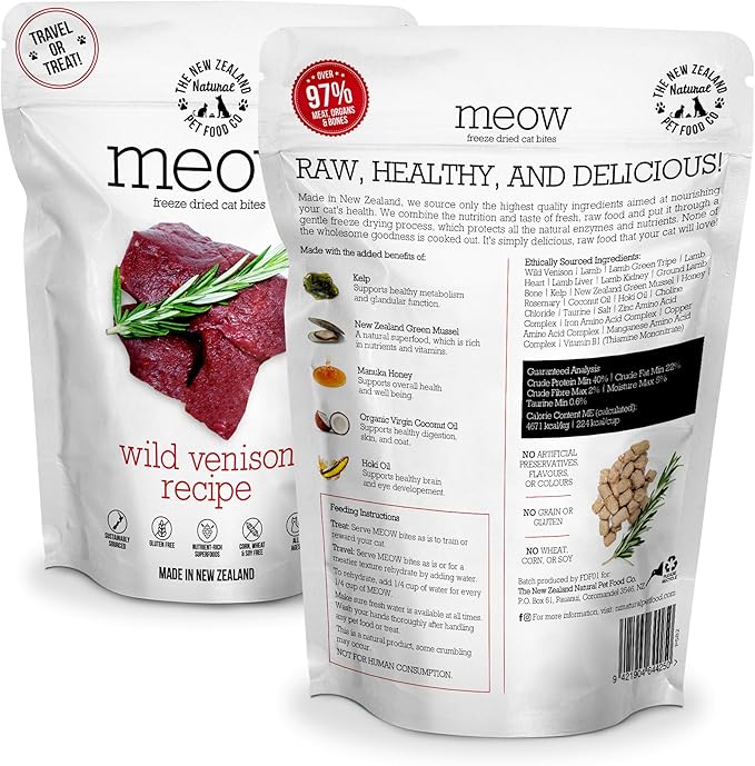 The New Zealand Natural Pet Food Co Meow Freeze Dried Cat Food - Wild Venison Recipe, High Protein Treats, Meals & Toppers, Dry Cat Food, 1.76 oz