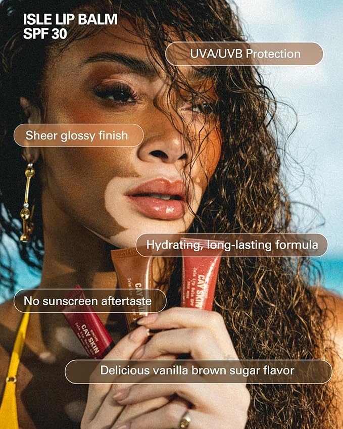 Cay Skin Isle Lip Balm SPF 30 – High Shine, Hydrating + Sheer Lip Gloss in Vanilla Brown Sugar Flavor – Formulated with Natural Ingredients for All Skin Tones – Irie Rose, 0.35 oz