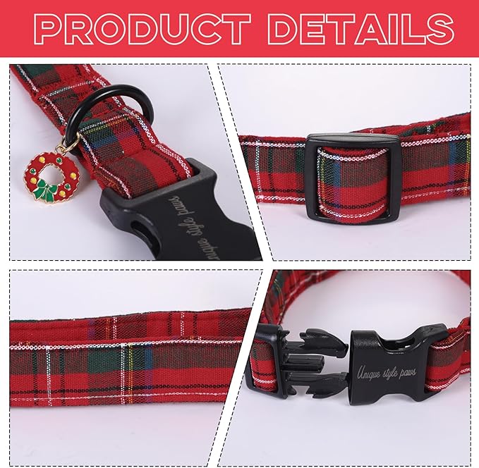 Unique Style Paws Christmas Dog Collar Plastic Buckle with Pendant Red Plaid Cotton Puppy Collars for Small Medium Large Dogs