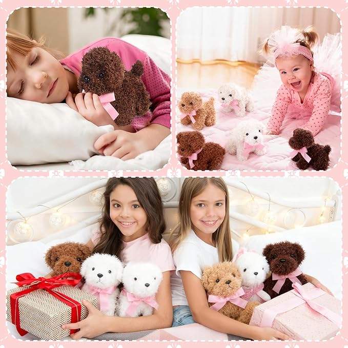 Sosation 20 Pcs 4.72 Inch Mini Puppy Stuffed Animal Adopt a Puppy Favors Small Push Dogs Bulk Valentines Party Gifts for Kids Birthday Easter Fillers Carnival Prize (Pink Bows,Multicolor)