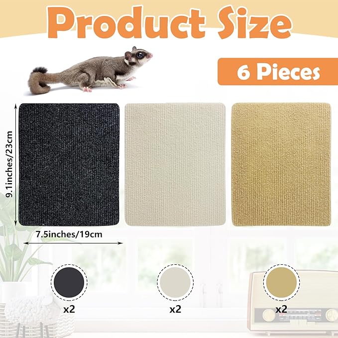 BNOSDM 6 Piece Sugar Glider Toys, Self-Adhesive Sugar Glider Climbing Mats Cage Accessories Set for Scratching Claws Sharpening Pads for Wall or Furniture Saving Space