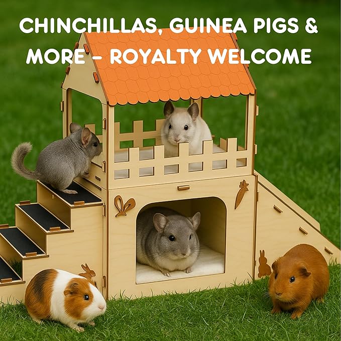 Extra Large Bunny Hideout, Cozy Rabbit Castle with Fleece Mats, Wooden Rabbit Hideout, Bunny House Indoor Indoor, Chinchilla, Guinea Pig House (Pet Safe Wood Joints)