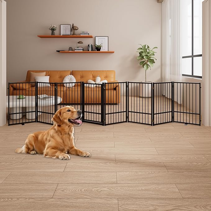 8 Panels Full Metal Freestanding Dog Gates with Door, 160” W x 32” H Folding Pet Gate Fence with Support Feet for Indoor,Stairs, Hallways and Doorways(Black)