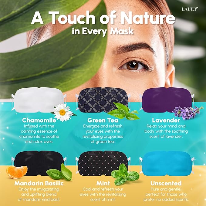 Heated Eye Steam Mask Dry Eyes Self Warm Compress Dark Circles Puffiness Set of Scent (Lavender, Chamomile, Green Tea, Mint, Mandarin Basilic, Unscented) Pack of 6 Masks for Women