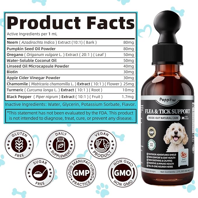Flea and Tick Prevention Support for Dogs, Natural Flea Treatment Drops with Neem, Oregano for Puppy Oral Flea and Tick Treatment Supplement Drops for All Breeds and Ages - Beef Flavor, 2 FL.Oz