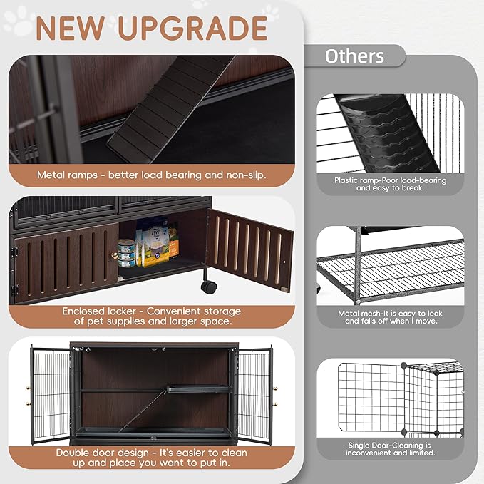 HABUTWAY 36.5''H Metal Large Ferret Cage, Rolling Chinchilla Cage with Removable Ramps& Double Door, Critter Nation with Locker, Small Animal Cage, Rat Indoor Wooden Pet Crate Furniture