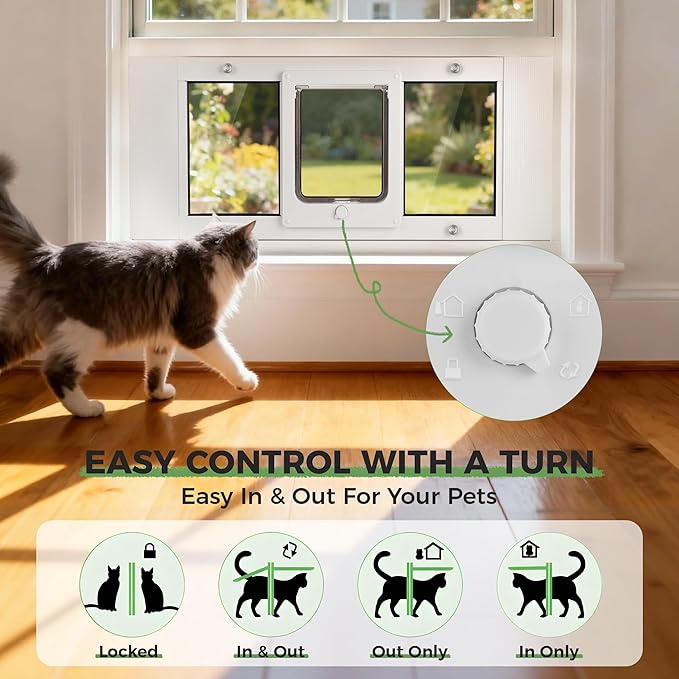Slevoo Cat Door for Window Adjustable Fits 32"-36" Sliding Windows, Energy-Saving High-Seal Window Pet Door with 4 Lock Modes, Tool-Free Install, Heavy-Duty Aluminum Frame, Multi-Pet Compatible