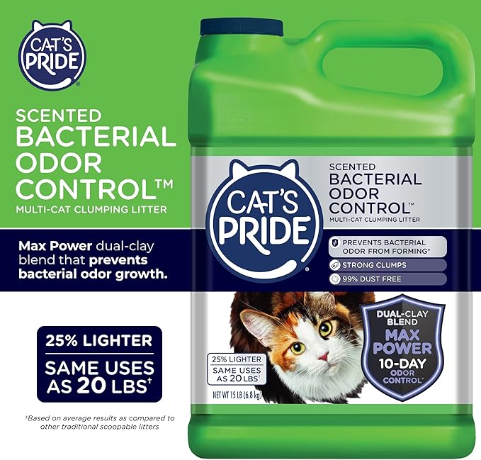 Cat's Pride Max Power: Bacterial Odor Control - Up to 10 Days of Powerful Odor Control - Strong Clumping - 99% Dust Free - Multi-Cat Litter, Scented, 15 Pounds