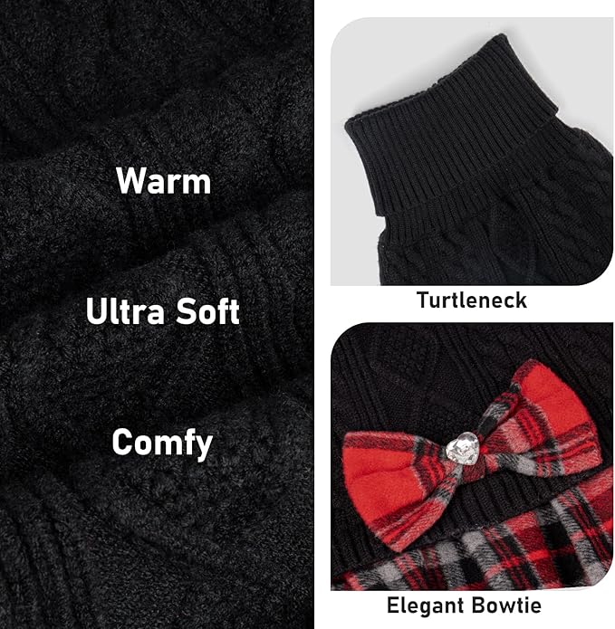 KYEESE Dog Sweater Soft Pullover Pet Coats Comfy Turtleneck Cat Sweaters Warm Puppy Sweater Dress Thick Dogs Clothes with Bowtie Stretchy Knitwear Dog Sweaters for Small Dogs Male, Black, X-Small