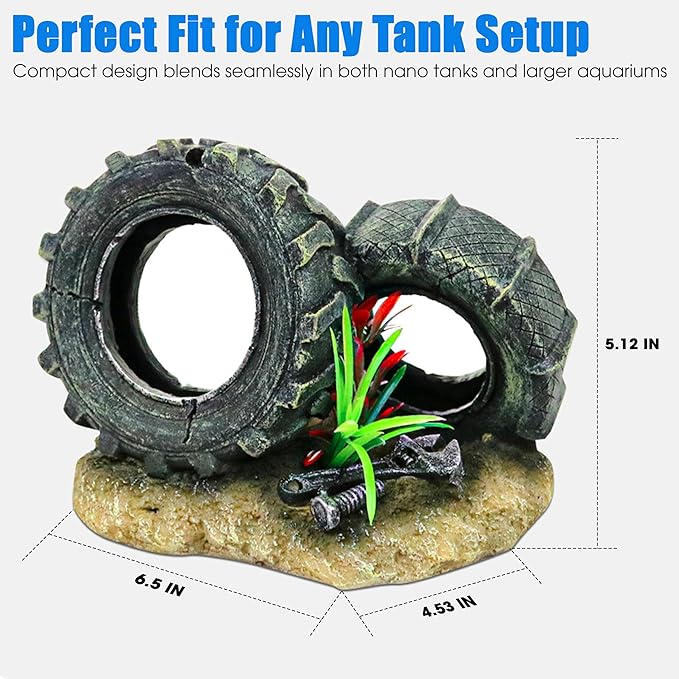 Aquarium Resin Decorations, Tree House Ornament-Tire Scene, Aquarium Decor for Glofish, Betta Accessories, Turtle Hideouts, Aquarium Plants, Ornaments & Fish Tank Accessories (Tire landscape)