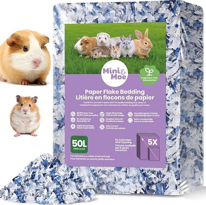 mini&moe Hamster Bedding 50L: Dust-Free and Odor Control Moisture Absorbent Natural Paper Small Pet Bedding - for Guinea Pigs, Hamsters, Chinchilla,Rabbits,Rat,Ferret, and Gerbil, 50 Liters