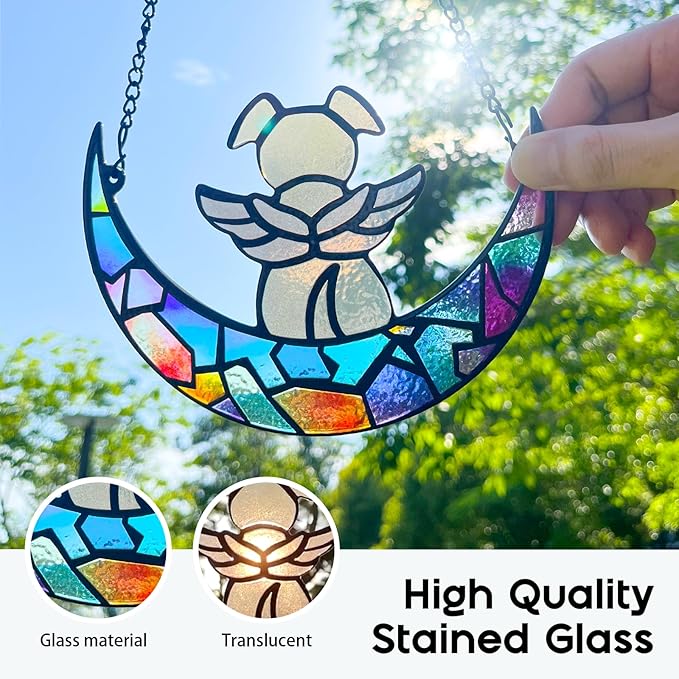 Stained Glass Angle Dog Memorial Suncatcher for Loss of Dog Sympathy Gifts, Dog Memorial Gifts with Sympathy Card, Dog Remembrance Gifts for Pet Lovers, Dog on Moon Ornaments for Window Hanging
