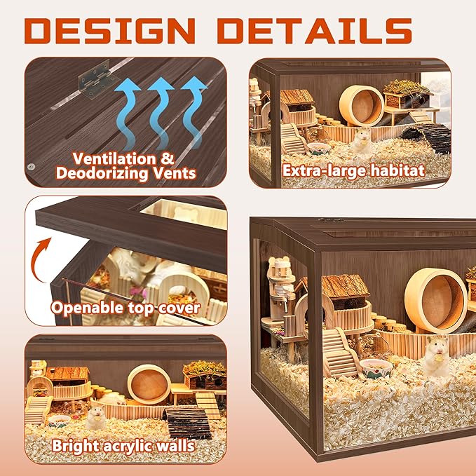 PROLEE Hamster Cage with Chewproof Wood Top,Guinea Pig Cages, Hamster Habitat with Clear Acrylic Sheets Solid Built, Small Animal Cage (Walnut, 48X20X20 inch)