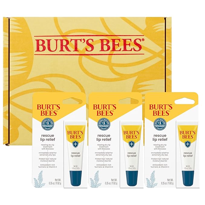 Burt's Bees Rescue Lip Relief for Valentine's Day, Original, Hydrating Lip Balm for dry lips with Responsbily Sourced Beeswax & Shea Butter, 100% Natural Origin, 3 Squeezy Tubes, 0.35oz, (Pack of 2)