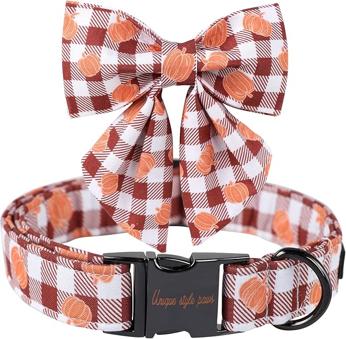 Unique Style Paws Cotton Dog Collar with Bow Halloween Pumpkin Plaid Dog Collar with Bow Tie for Small Medium Large Dogs Pets Gifts