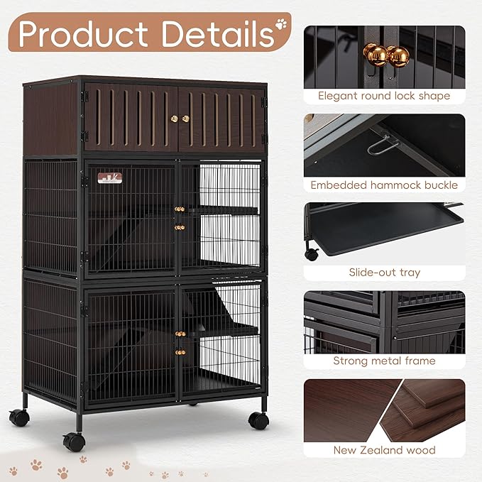 HABUTWAY 50''H Metal Large Ferret Cage, Rolling Chinchilla Cage with Removable Ramps& Double Door, Critter Nation with Locker, Small Animal Cage Indoor Wooden Pet Crate Furniture