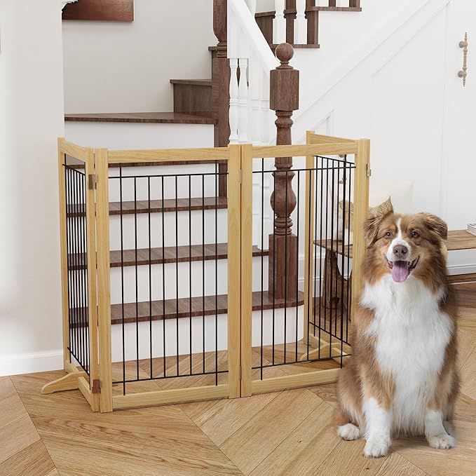 Wire Dog Gate Solid Wood Frame, Anti-Chewing, 4-Panel, 36" Height, 80" Width, Indoor Freestanding Pet Gate Foldable Wooden Dog Fences for Stairs, House, Doorway, Oak Color