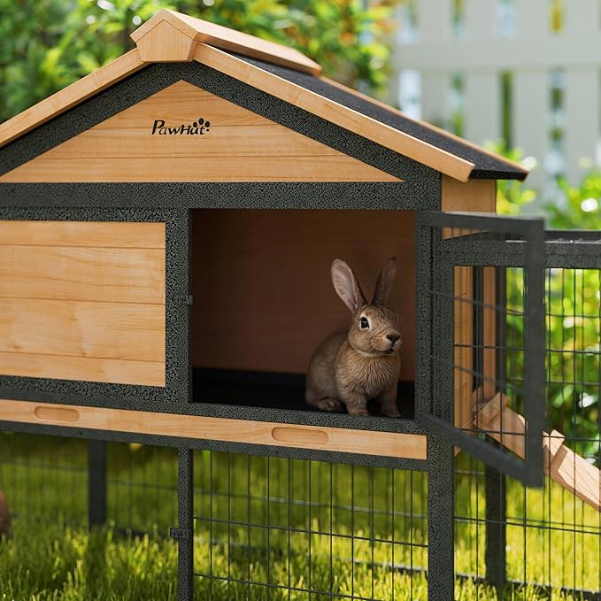 PawHut Rabbit Hutch Outdoor, 85" Large Wooden Bunny Cage with Steel Run, Removable Tray, Waterproof Roof, Ramp, Metal Guinea Pig Cage for 2-3 Small Animals, Rabbits, Chickens, Ducks, Backyard Garden