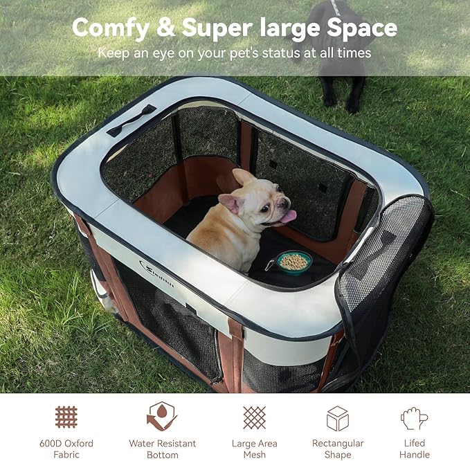 Dog Cat Playpen, Pet Puppy Portable Playpens for Outdoor Travel Crate, Indoor After Surgery Use, Foldable Dog Kennel Tent for Rabbit or Small Animals and Tent Stakes (Brown, Large)