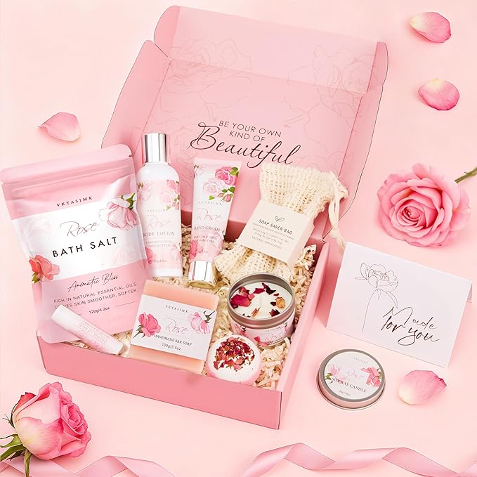 Gifts for Women, Birthday Gifts for Women, Bath and Body Gift Basket Mothers Day Gifts, Rose Home Spa Set Self Care Gift, Thank You for Mom Sister Her Teacher Friends Friendship