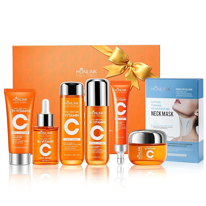 Face set + Neck Mask(8PCS each pack)，Glown 6-Piece Hydrating Skincare Set with Vitamin C & Niacinamide,HONLINK Face Care Kit Includes Toner, Faical Serum,Cleanser,Moisturizer, Eye Cream & Body Lotion