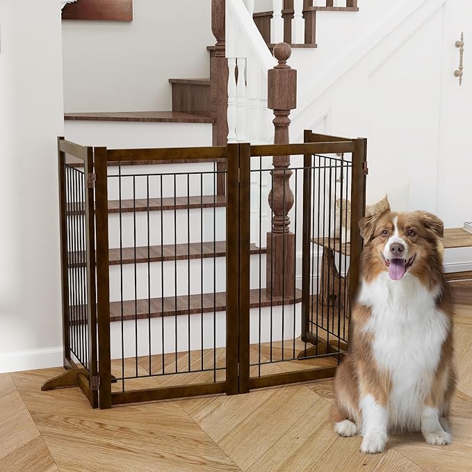 Wire Dog Gate Solid Wood Frame, Anti-Chewing, 4-Panel, 36" Height, 80" Width, Indoor Freestanding Pet Gate Foldable Wooden Dog Fences for Stairs, House, Doorway, Walnut Color