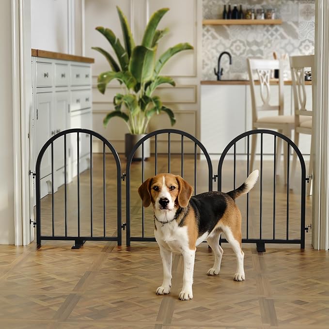 Full Metal Dog Gate for Indoor Outdoor, 24" Tall Free Standing Pet Dog Fence, 54" Wide Arched Pet Gates for Stairs, Hallways, Doorways, Kitchen, Decks, Yards (Black, 3 Panels)