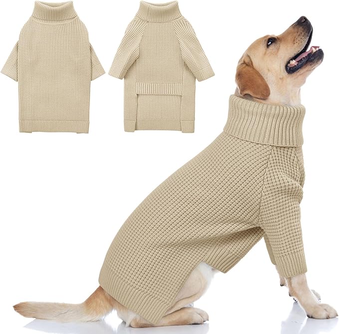 Queenmore Soft Warm Large Dog Sweater, Large Dog Sweaters for Male Dogs, Pet Christmas Sweaters, Extra Large Breeds Kintwear, Turtleneck Pullover Pet Clothes, Apricot 3XL