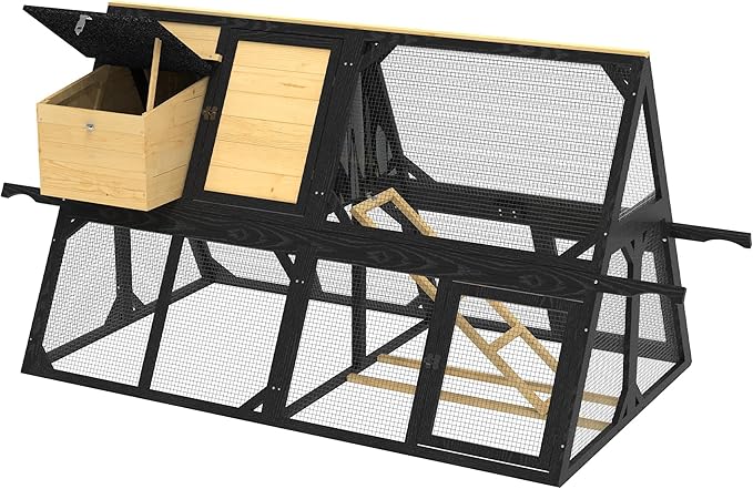 Chicken Coop for 4-8 Chickens, A-Frame Wooden Chicken Run, 95'' Outdoor Poultry Cage w/ 2 Nesting Box, Hen House w/Ventilating Wire, Waterproof Asphalt Roof, Yellow and Black
