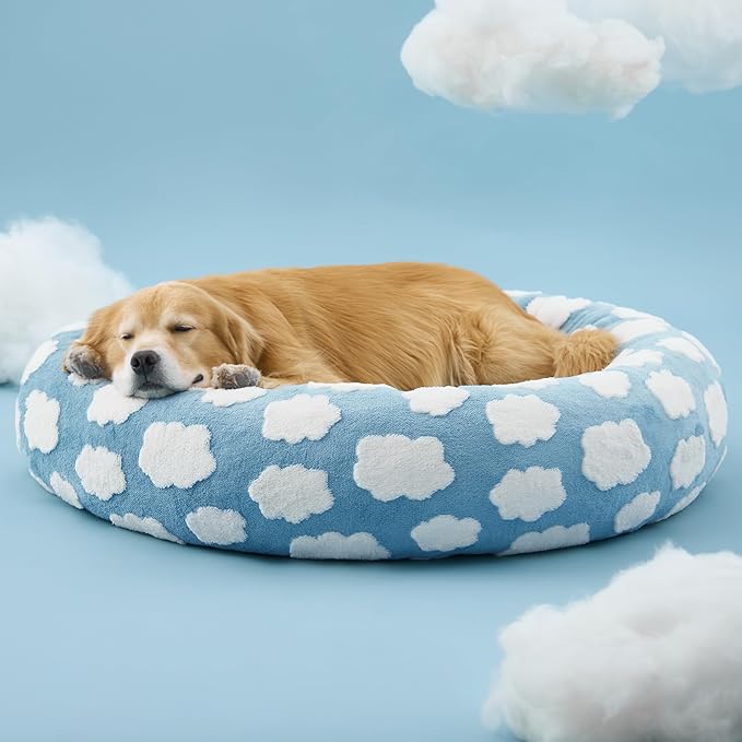 LE SURE Donut Dog Beds Extra Large Sized Dog - Round Pet Beds for Calming Puppy with Washable Cover, Orthopedic Modern Beds with Jacquard Shaggy Plush & Anti Slip Bottom, 42 Inch，Blue
