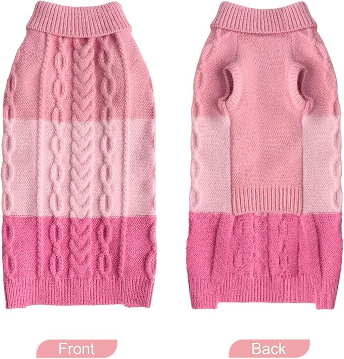 DELIFUR Color Block Dog Sweater - Knitted Turtleneck Cat Knitwear Warm Dog Coats with Classic Cable Fall Winter Clothes for Medium Dog Girl (Pink, X-Large)