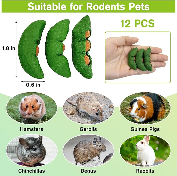 Fhiny Peapods Hamster Chew Toys, 12 PCS Natural Timothy Grass Carrot Guinea Pig Chew Toys for Teeth Handmade Small Animal Molar Snacks Dental Care for Bunny Chinchilla Hamster Gerbil Boredom Breaker