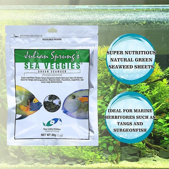 Two Little Fishies Seaweed Sea Veggies Green & Purple (Each 1 oz), and Veggie Clips for Aquarium, with Microfiber Cleaning Cloth for Seaweed Aquarium Fish Maintenance (Pack of 4)