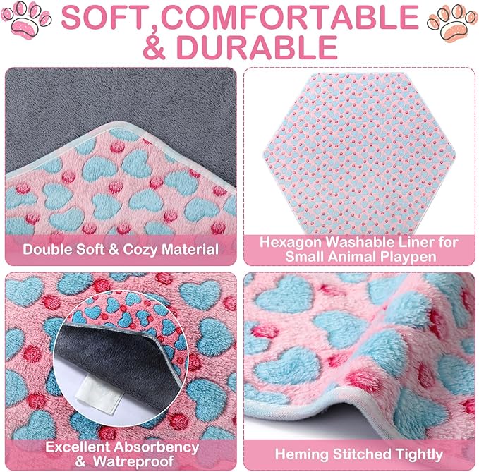 Preboun 4 Pcs 47 in Guinea Pig Playpen Pad Waterproof Hexagon Mat Reusable Dog Playpen Liner for Small Animal Rabbit Cage Tent Pee Pad Washable Yard Fence(Heart)
