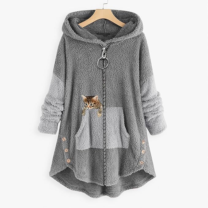 Akivide Women's Oversized Zip Up Sherpa Hoodie Fuzzy Fleece Jacket Cat Kitty Print Lightweight Faux Shearling A Line Coat