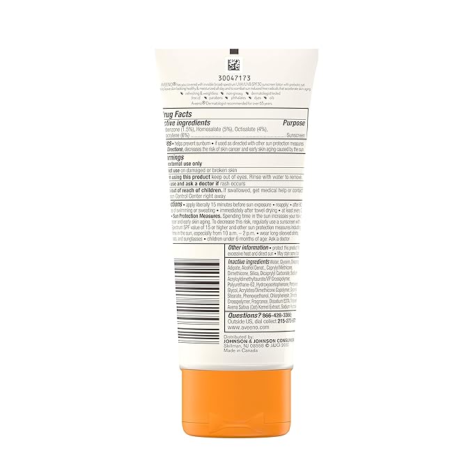 Aveeno Protect + Hydrate Moisturizing Sunscreen Lotion with Broad Spectrum SPF 30 & Prebiotic Oat, Weightless Sweat & Water-Resistant Full Body Sunscreen, Oxybenzone-Free, 3.0 fl. oz